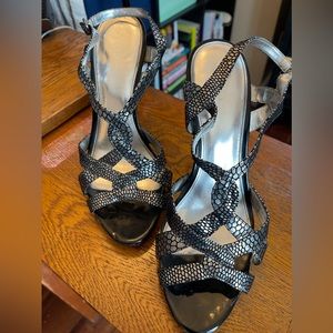 Calvin Klein Silver Snakeskin Strappy 5” Heels